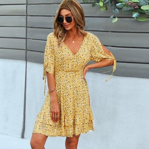Floral Print Women Mini Dress Summer 2021 Sexy V-Neck Bandage Short Sleeve A-Line Dress Fashion High Waist Ruffle Beach Dresses