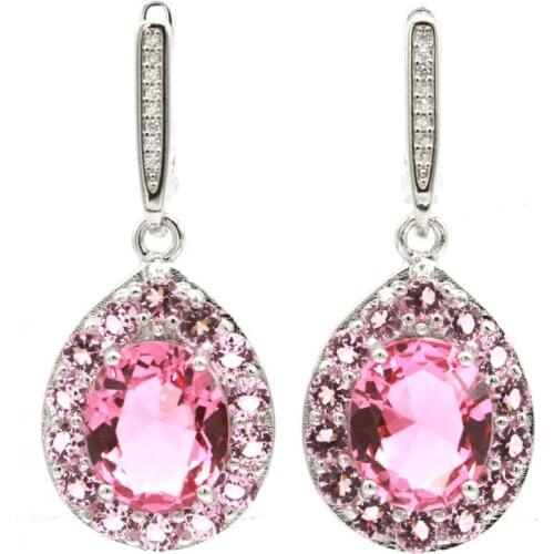 57x23mm Big Jewelry Set Pink Kunzite White Bright Cubic Zircon Women Wedding 925 Sterling Silver Earrings Pendant