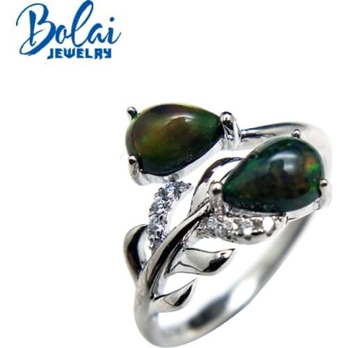 Bolaijewlry,feather shape rings natural multicolor black opal gemstone in 925 sterling silver fine jewelry for lady best gift