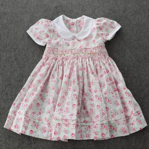 Baby girlsummer vintage handmade smocking floral dress kids peter pan collar cute puff sleeve princess drfes
