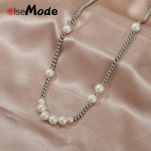 ELSEMODE Luxury Pearl Women Wedding Necklace Silver Color Stainless Steel Beaded Choker Jewelry For Girlfriend Engagement Gift
