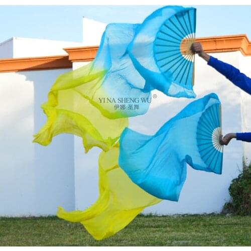1pair Imitation Silk Belly Dance Fans Handmade Dyed Bellydance Performance Long Fan Gradient Color Unisex Dance Fans Women Child