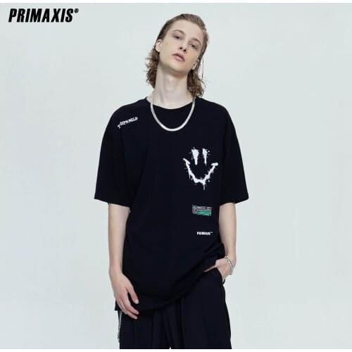 PRIMAXIS 2021Summer hip hop oversized T-Shirt for men Splash ink Smiley face printing graphic Loose Mens T-shirt Short Sleeve