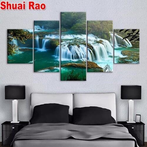 Multi-Panel Diamond Painting Complete novelty Grand forest waterfalls puzzle mosaic embroidery 5 piece set landscape