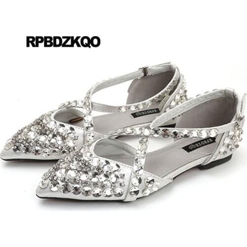 Crystal Women Silver Gold Dress Sandals Chinese Wedding Shoes Pointed Bling Ladies Flats 2018 Designer Rhinestone Cross Strap