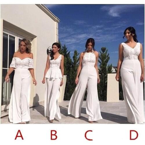 V Neck Lace JumpSuit Long Bridesmaid Dresses 2019 Off The Shoulder Split Floor Length Long Maid of honor Wedding Guest Evenin