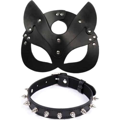 Head Mask Whip Bondage Restraints PU Leather Cat Halloween Mask Roleplay Sex Toy For Men Women Cosplay Games