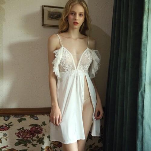White Female Off-the-shoulder Ruffled Sleeveless Sling Sleepwear Women Openwork Ice Silk Split Sexy Lace Nightdress Night Gown