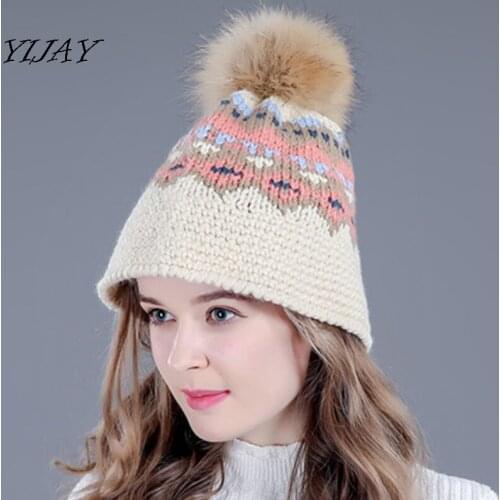 New brand female figured pattern knitted skullies beanies fashion cute fur pom poms hats for girls