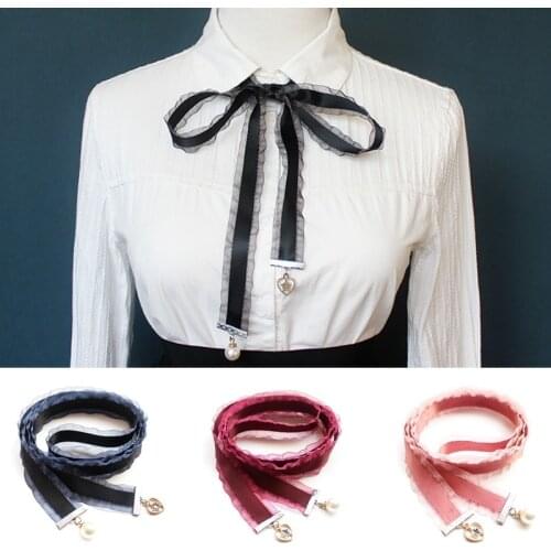 New Ribbon Bowtie Brooch Pearl Necktie Collar Pins Fashion Shirt Bow Tie Jewelry Gifts for Women Ladies Clothing Accessories
