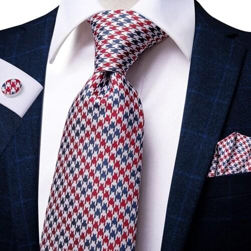 Hi-Tie Red Houndstooth Plaid Necktie For Men Blue Luxury Mens Tie Set Silk 8.5cm Large Fashion Hanky Cufflinks Set Quality
