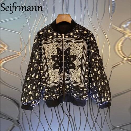 Seifrmann New 2021 Autumn Fashion Runway Vintage Jacket Lantern Sleeve Gorgeous Embroidery Printed Elegant Loose Coats Overcoat