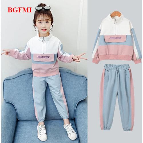 Teen Spring Summer Tracksuit Kids Sportswear Fashion Big Girls Windproof Sports Semi-high Collar Letter Zipper Clothing Set