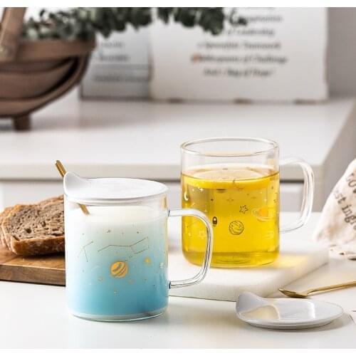 Heat-resistant high boron silicon glass gradient planet pattern large-capacity home office breakfast cup with cover spoon