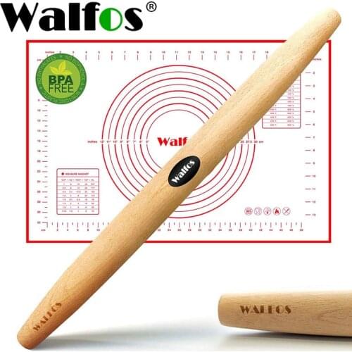 WALFOS French Rolling Pin and Silicone Pastry Mat Set Beech Wood Rolling Pin 18 Inch For Best Pie Crust Cookie Pasta Pizza Doug