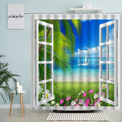 Ocean Window Scenery Shower Curtain Beach Waves Tropical Green Plant Flowers Holiday Theme Bathroom Wall Decor With Hook Screen