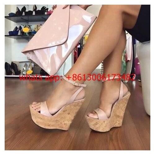 Custom make plus size 45 woman high platform wedge sandal open toe buckle wood wedge high platform sandal