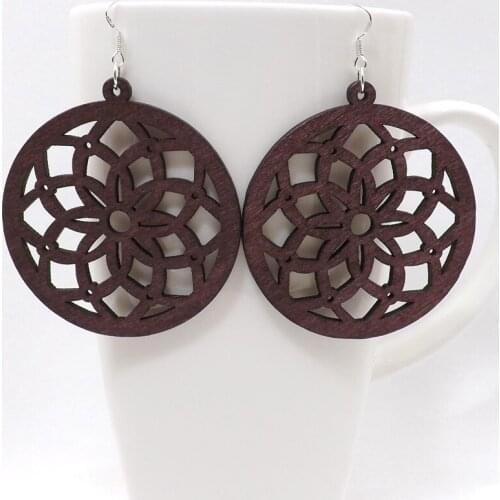 12 Pairs Good Quality Woman Wood Earrings Organic Round Flower brown Hollow African Wooden Brincos Pendant 5.5cm