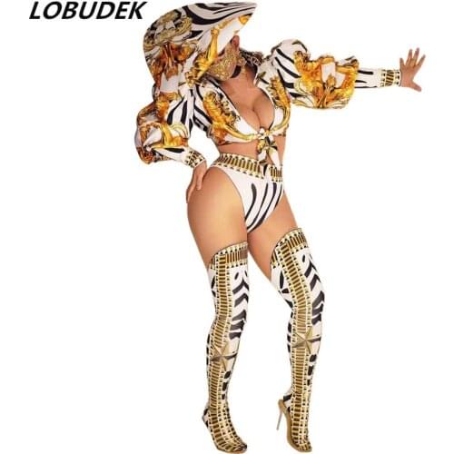 DJ Nightclub Women Singer Sexy Stage Wear Leading Dancer Modern Jazz Dance Performance Costume Print Tops Shorts Hat Leg Outfit