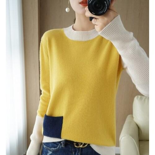 Womens pullover 2021 winter new 100% pure wool sweater casual stitching thick round neck cashmere sweater plus size knitted top