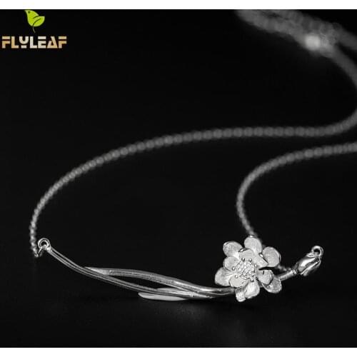 Flyleaf 100% 925 Sterling Silver Lotus Flower Necklaces & Pendants For Women Chinese Style Clavicle Fashion Jewelry