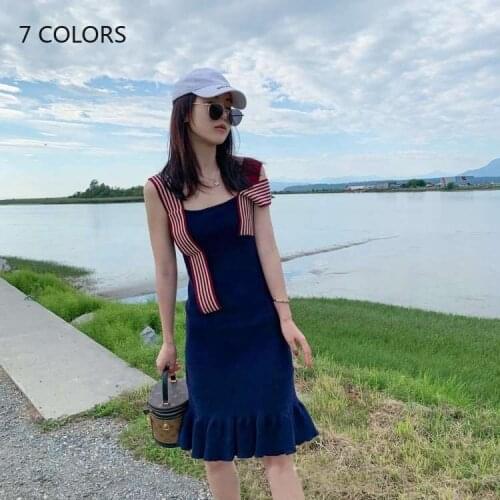 Hot INS Knitted Dress Women Sexy Strips Sleeveless Summer Dress Ladies Fish Tail Slim Jumper Dress Slim Dress Navy Blue Robes