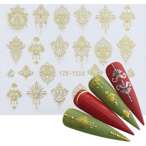 YZWLE 1PC 3D Gold/Black Decals Nail Sticker DIY Flower Full Gel Polish Decorations Nail Art Manicure