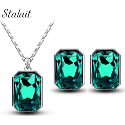 2016 new christmas gift brand bridal wedding Gold Color crystal square pendant necklace earrings fashion jewelry sets 84844