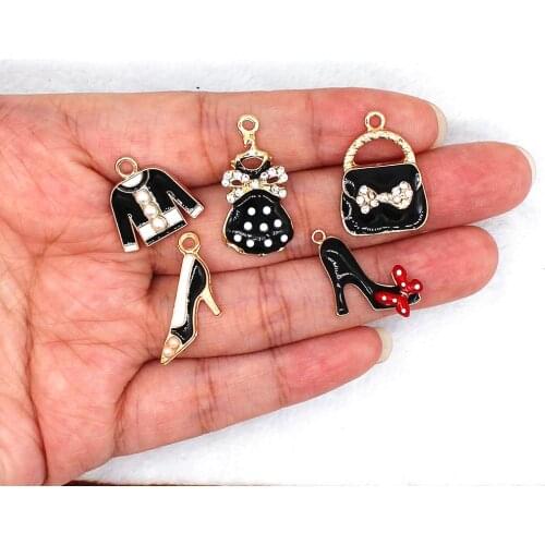 5pcs/set Fashion Black tuxedo skirt High heels handbag Enamel clothing imitation pearl bag Charms XL472
