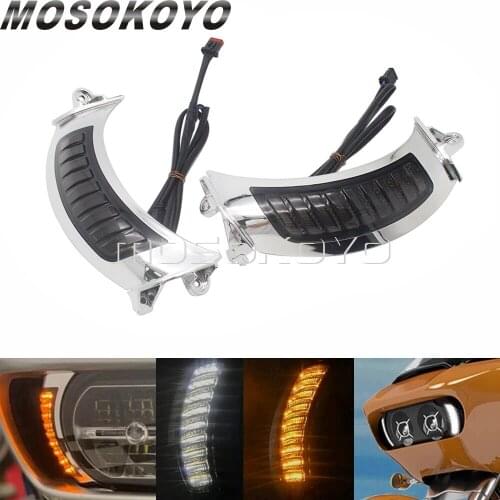 For Harley Road Glide 2015- 2019 2020 Chrome Bezel Trim Front Led Turn Signal Side Light with White DRL Motorcycle Running Lamp