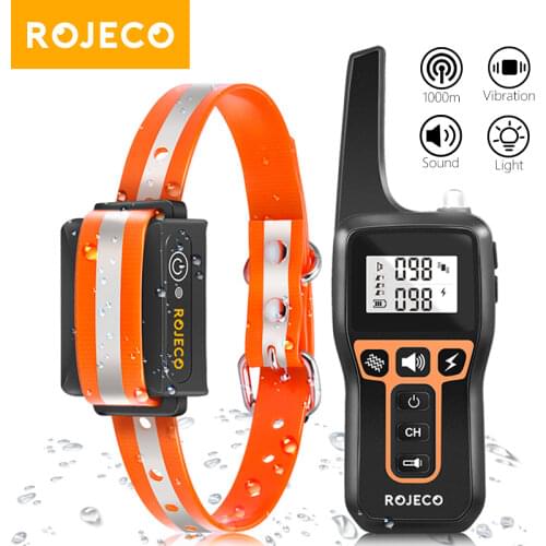 ROJECO 1000m Electric Dog Training Collar Waterproof Rechargeable Pet Romote Control Anti Bark Collar For Dogs + Shock Vibration