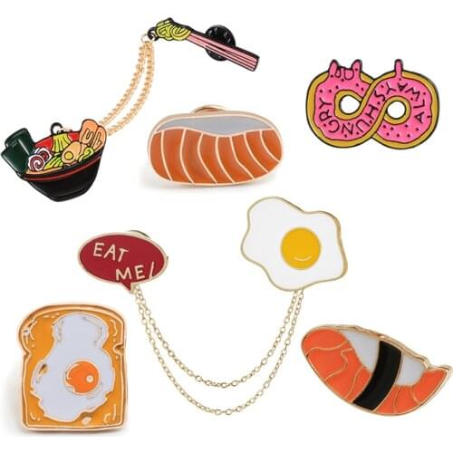 Cartoon Food Enamel Pins Japanese Porpoise Ramen Salmon Sushi Brooch Donuts Bread Fried Egg Lapel Pin Badge Jewelry Gift for Kid