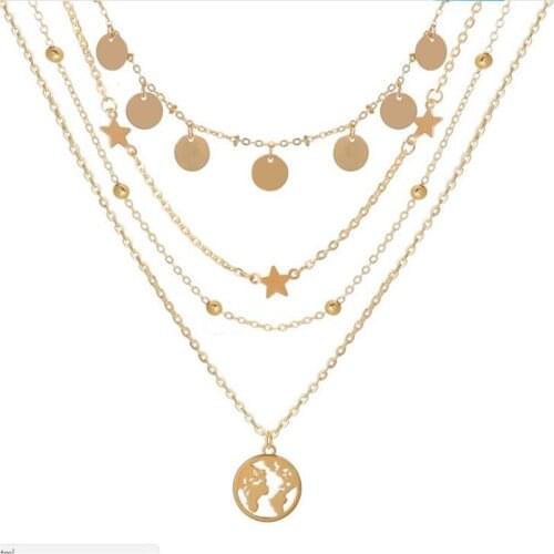 European and American cross-border new round piece five-pointed star pendant multilayer necklace creative alloy clavicle chain