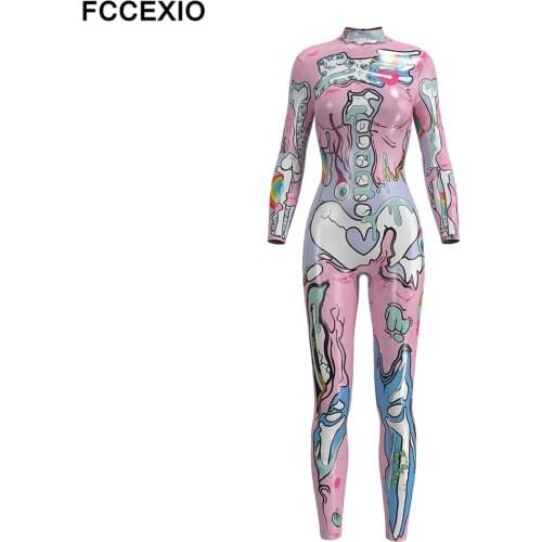 FCCEXIO Halloween Pink Cosplay Costumes For Women Skeleton Print Catsuits Adult Fashion Gothic Bodysuits One-piece Clothing