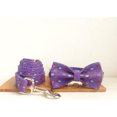 Purple Halloween dog collar and leash set with bow tie for big and small dog cotton fabric collar metal buckle