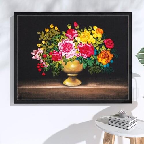 Ribbon Vase Flower Embroidery Kits,3D diy Silk Embroidery,Needlework Sewing Cross Stitch Accessories Wall Art Painting C-0267