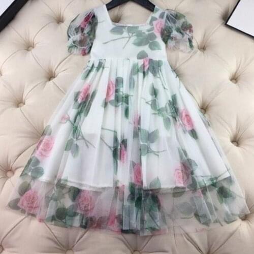 Baby girl summer vintage floral printed chiffon dress kids puff sleeve square collar big swing beach dress