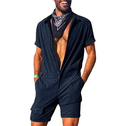Summer Mens Solid Colors Short One Piece Rompers Jumpsuits Zipper Casual Trun Down Collar Playsuits With Pockets Bodysuit#35