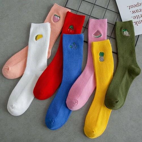 Cute Harajuku Embroidery Cartoon Cotton Socks Women Fruit Banana Avocado Cherry Peach Girls Kawaii Socks Pile Heap Funny Socks