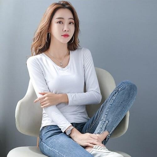 Modal T-shirt Womens Fashion V-neck Long Sleeve T-shirt Casual Solid Color T Shirt Women Tops Blusas