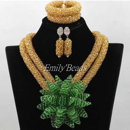 Fashion Women Necklaces Champagne Gold Crystal Costume Jewellry Nigerian Wedding African Beads Jewelry Set Green Flower ALJ099