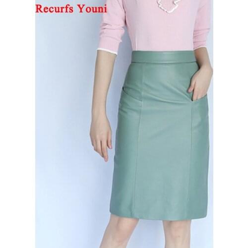 NEW Winter Women Genuine Leather Midi Long Skirt OL Elegant Simple Slim Saia Mujer Green/Black Sexy Wrap Jupe Street Wear Faldas