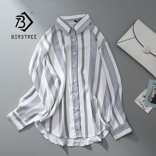 Autumn New Women Vintage Oversize Striped Shirts Office Batwing Sleeve Turndown Collar Elegant Chiffon Blouse Casual Basic Tops
