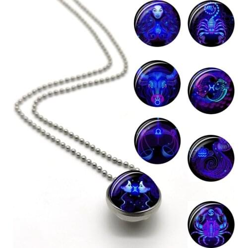 12 Zodiac Constellation Necklace Zodiac Double Side Cabochon Glass Crescent Clavicle Chain Necklace Birthday Gifts for Women