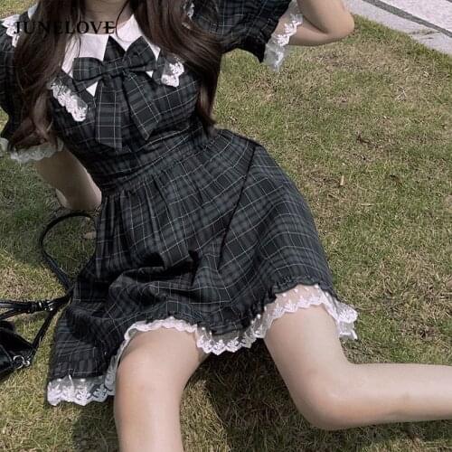 JuneLove Kawaii Sweet Plaid Lace Dress Female Japanese Lolita Bow O-neck Bubble Sleeve Dresses Holiday Mini Dresses Women Summer