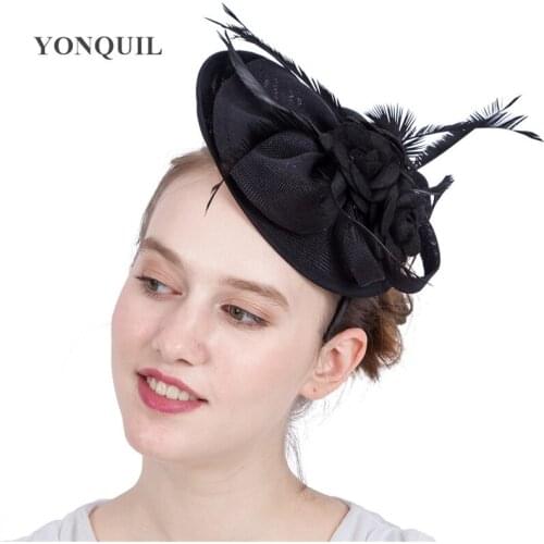 Black Imitation Sinamay Fascinators Headband Elegant Ladies Millinery Feather Floral Hat Headbands Wedding Hair Accessories
