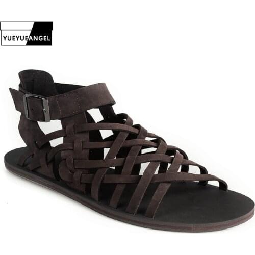 2019 New Men Summer Sandals Buckle Strap Genuine Leather Rome Flat Sandals Fashion Black Brown Beach Sandals Male Outdoor Shoes
