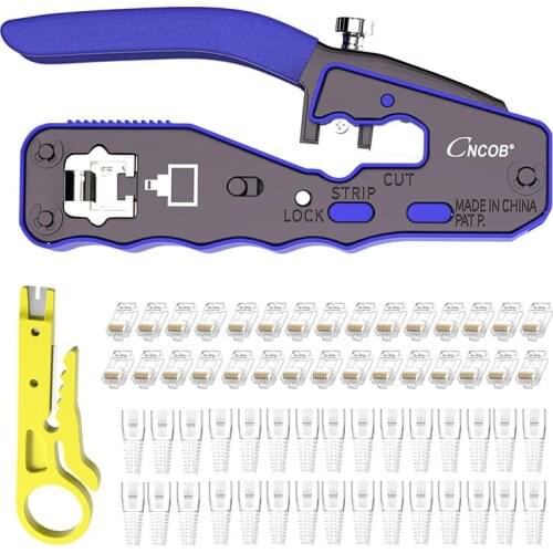 CNCOB RJ45 Network Crimping Tool Cat6 Cat5 Ethernet Cable Pass Through Crystal Head Stripping Pliers Crimper Set