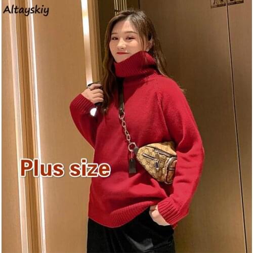 Plus Size 4XL Sweaters Women Lovely Purple Chic Fashion Ulzzang Turtleneck Knitwear Teens All-match Autumn Ladies Basic Clothing