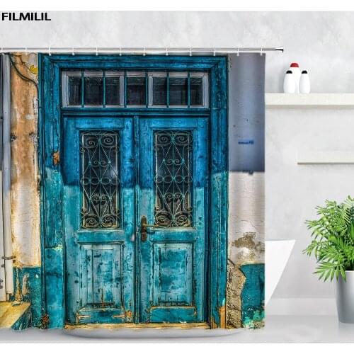 FILMILIL Vintage Shabby Blue Wooden Door Shower Curtains Set Retro Style Garden Wall Decor Cloth Bathroom Polyester Bath Curtain